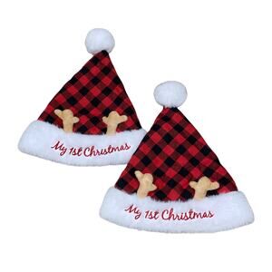 Little Me My 1st Christmas Baby Santa Hats Red Buffalo Plaid 0-12M